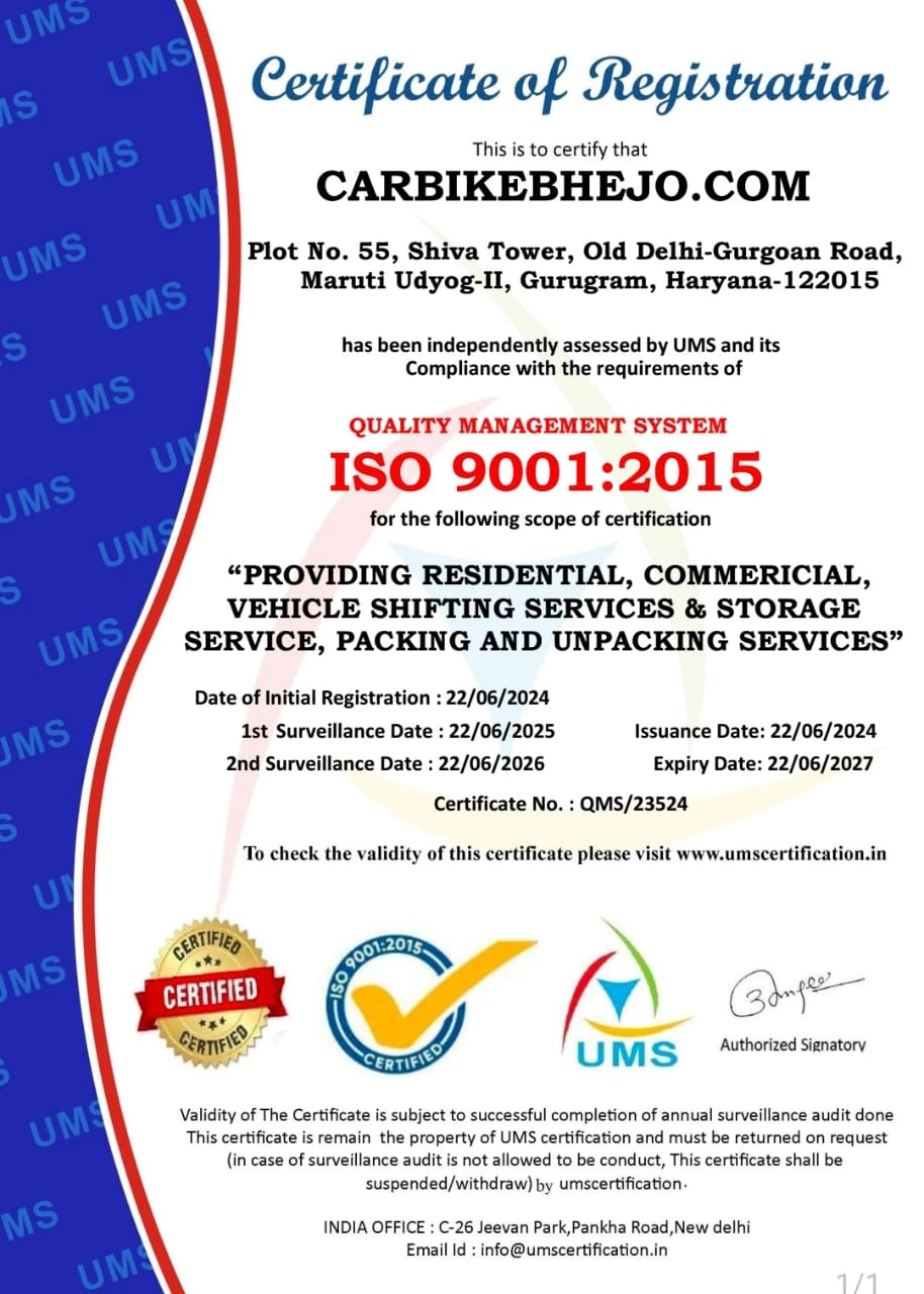 Car BIke Bhejo - ISO Certificate